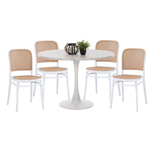 DINING SET 5PCS HM11911 ROUND TABLE AND POLYPROPYLENE CHAIRS IN WHITE