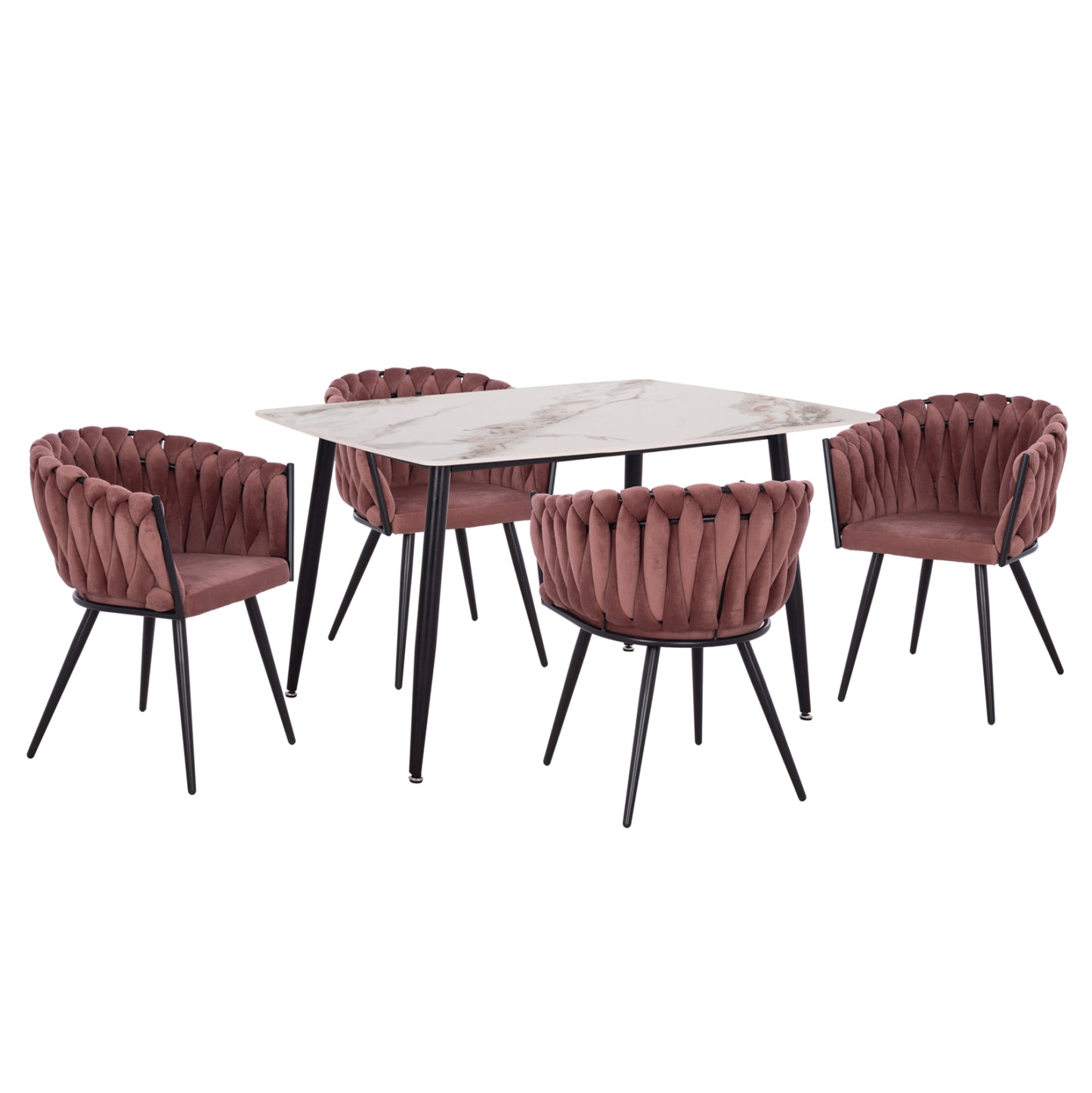 DINING SET 5PCS RAVEN HM12116.02 CERAMIC TOP WHITE/BROWN MARBLE--DUSTY PINK VELVET
