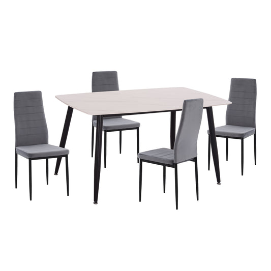 DINING SET 5PCS RAVEN HM21071.03 CERAMIC TOP WHITE MARBLE--GREY VELVET