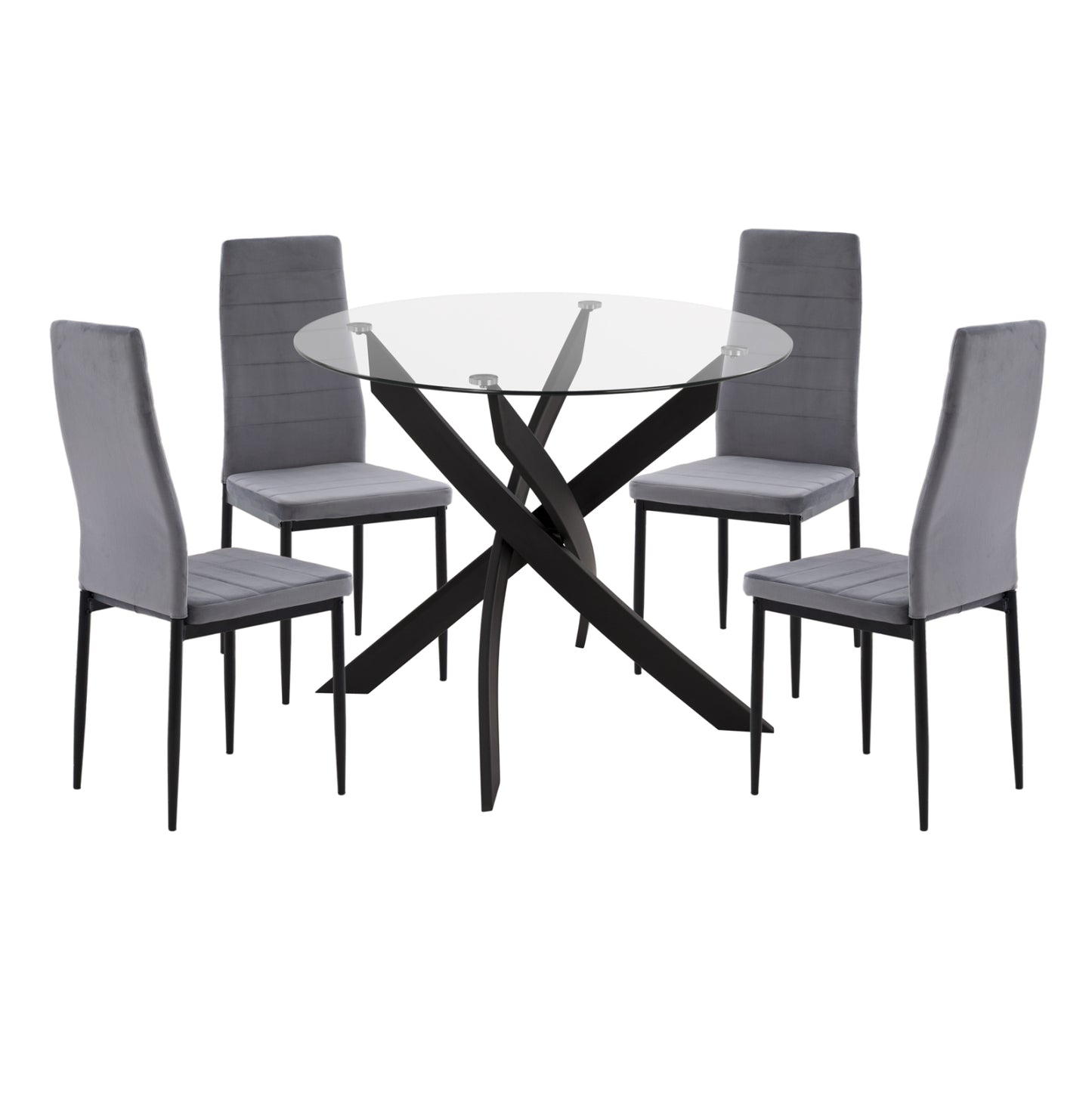 DINING SET 5PCS LADY HM21199.01 GLASS TOP--METAL IN BLACK & VELVET IN GREY