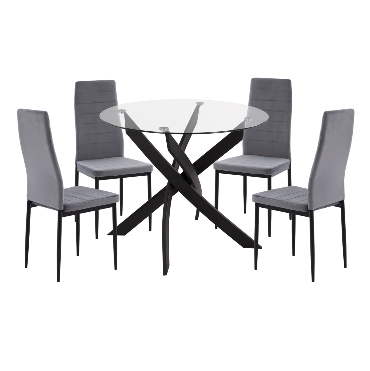 DINING SET 5PCS LADY HM21199.01 GLASS TOP--METAL IN BLACK & VELVET IN GREY