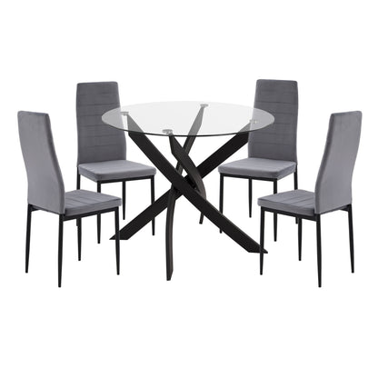 DINING SET 5PCS LADY HM21199.01 GLASS TOP--METAL IN BLACK & VELVET IN GREY