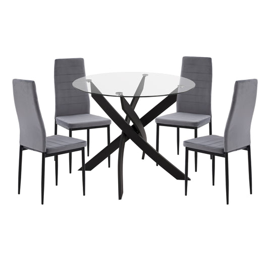 DINING SET 5PCS LADY HM21199.01 GLASS TOP--METAL IN BLACK & VELVET IN GREY