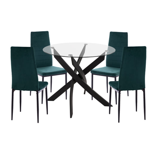 DINING SET 5PCS LADY HM21199.03 GLASS TOP--METAL IN BLACK & VELVET IN CYPRESS GREEN