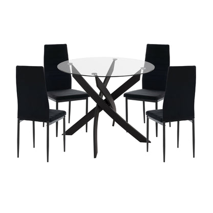 DINING SET 5PCS LADY HM21199.04 GLASS TOP--METAL & VELVET IN BLACK