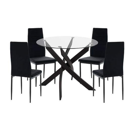 DINING SET 5PCS LADY HM21199.04 GLASS TOP--METAL & VELVET IN BLACK