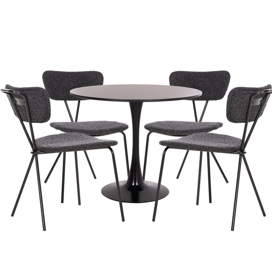DINING SET 5PCS BROLIN HM21200 MDF TOP & METAL IN BLACK--DARK GREY FABRIC