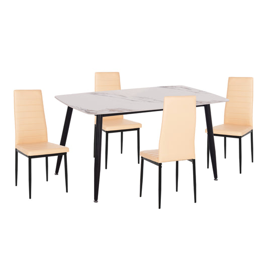 DINING SET 5PCS RAVEN HM21266.02 CERAMIC TOP CALACATTA MARBLE LOOK--PU IN CREAM WHITE