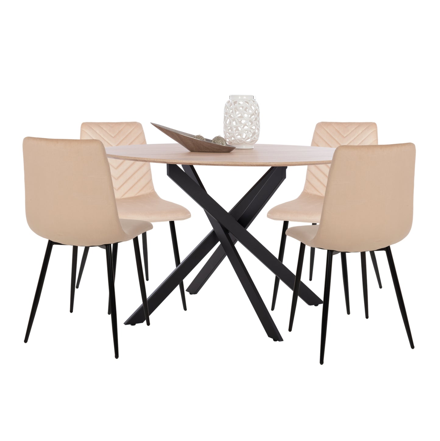 DINING SET 5PCS ROSARIO HM21278 MDF ROUND TOP--VELVET IN ECRU & METAL IN BLACK