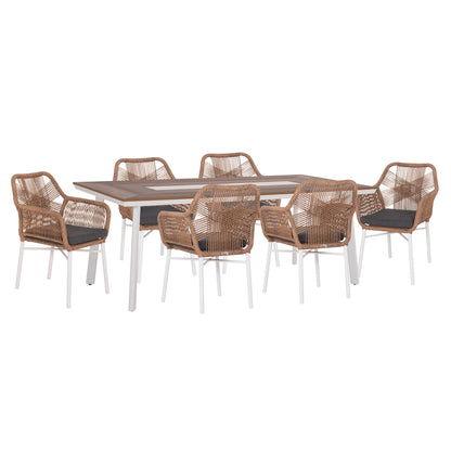 OUTDOOR DINING SET 7PCS TOPIN HM10825.01 ALUMINUM IN WHITE--POLYWOOD--P.E.RATTAN