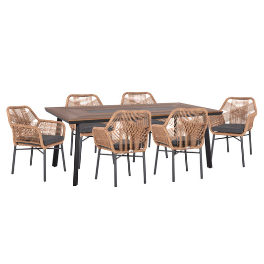 OUTDOOR DINING SET 7PCS TOPIN HM10825.03 ALUMINUM IN DARK GREY--POLYWOOD--P.E.RATTAN