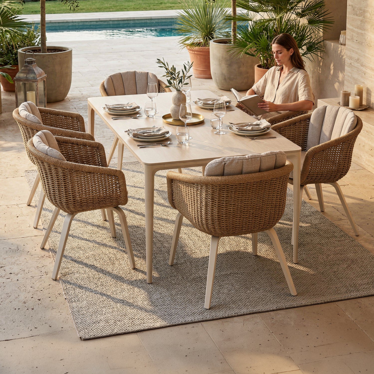 OUTDOOR DINING SET 7PCS VICTUS HM10862.02 BEIGE ALUM. & OLEFIN-WHITE SINTERED STONE--WICKER
