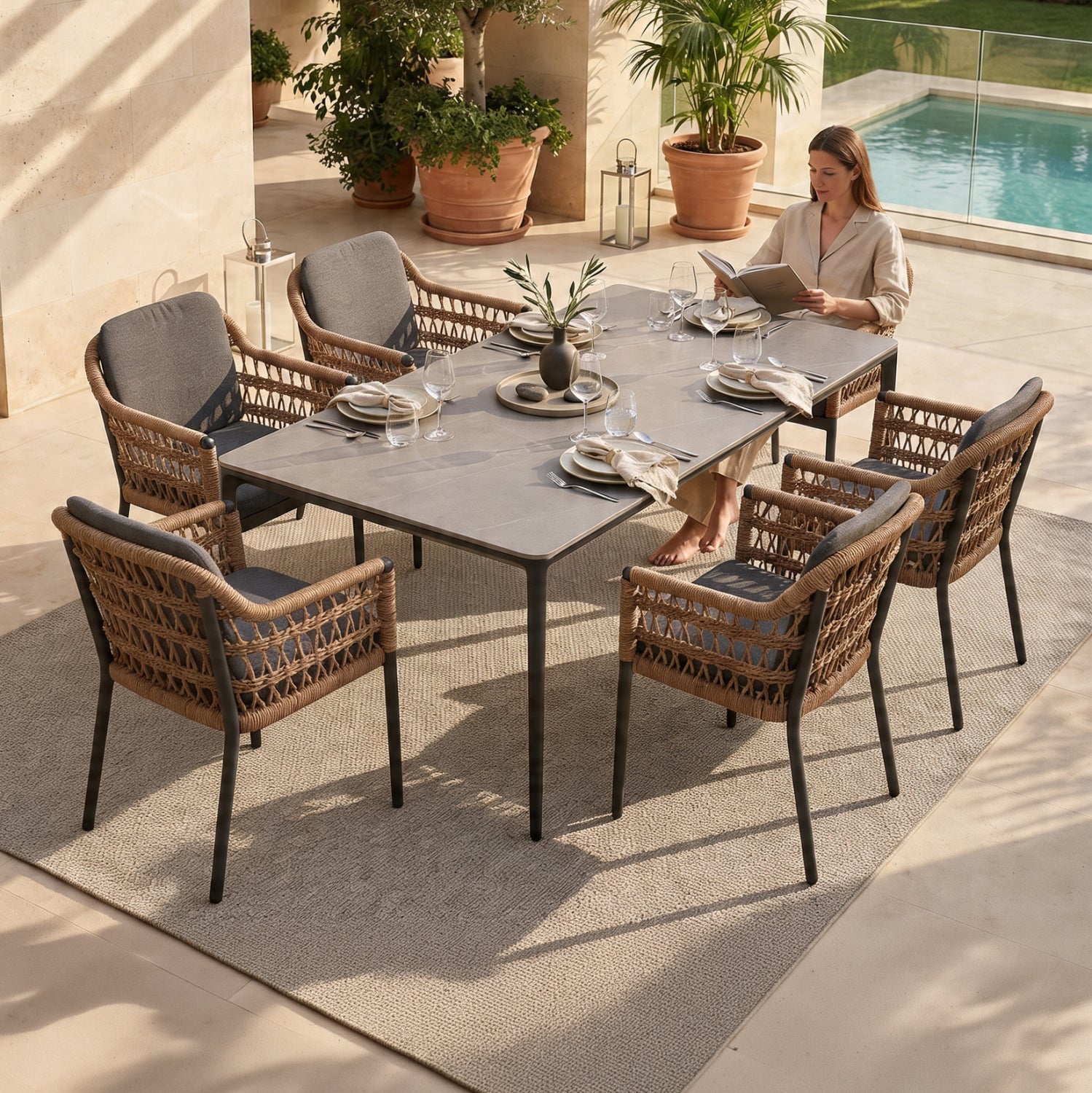 OUTDOOR DINING SET 7PCS STAD HM10863.01 GREY ALUMINUM-SINTERED STONE TOP-OLEFIN FABRIC
