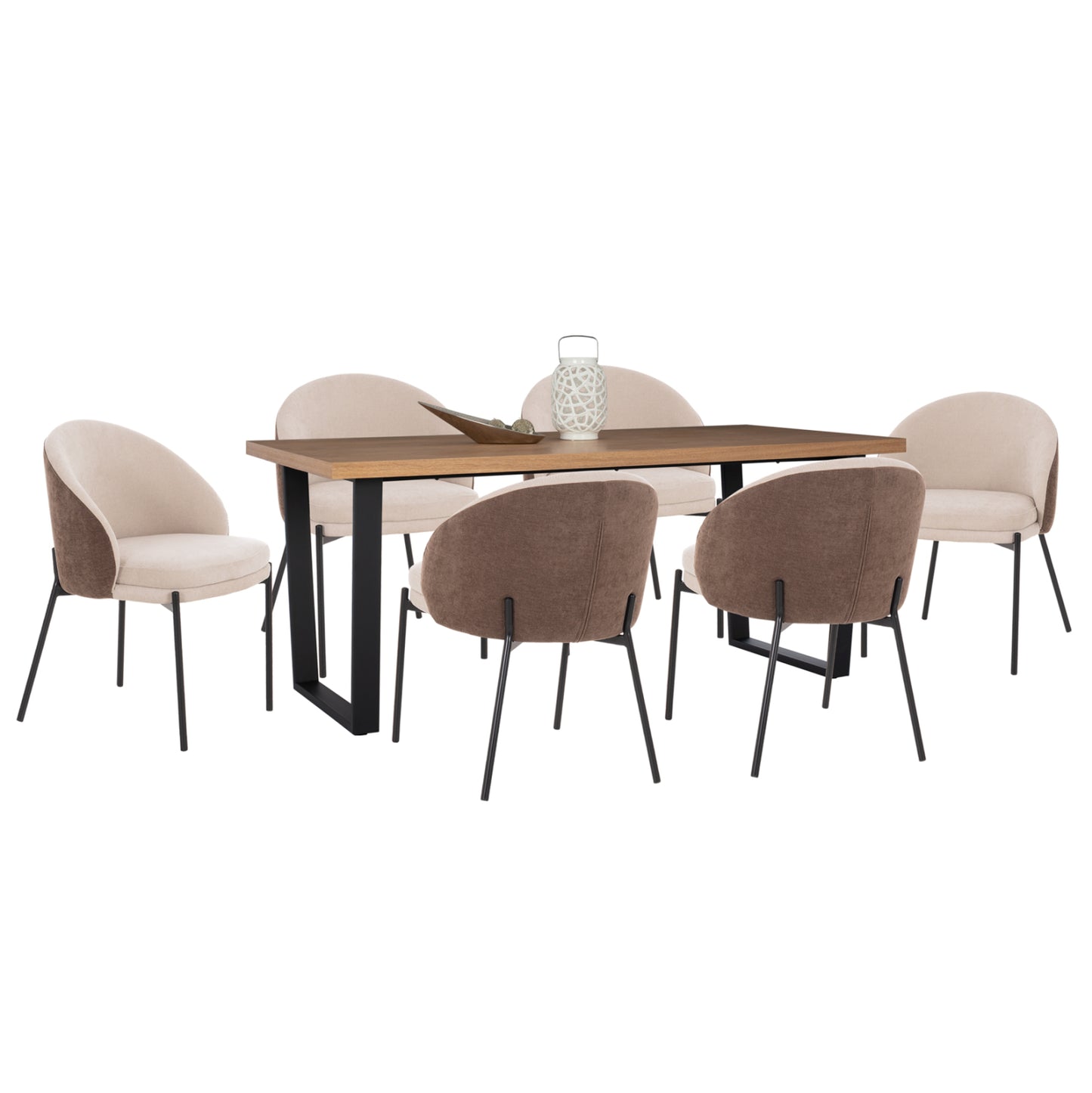 DINING SET 7PCS ASTORIA HM10933.02 MDF TOP--FABRIC IN BEIGE/BROWN & BLACK METAL LEGS
