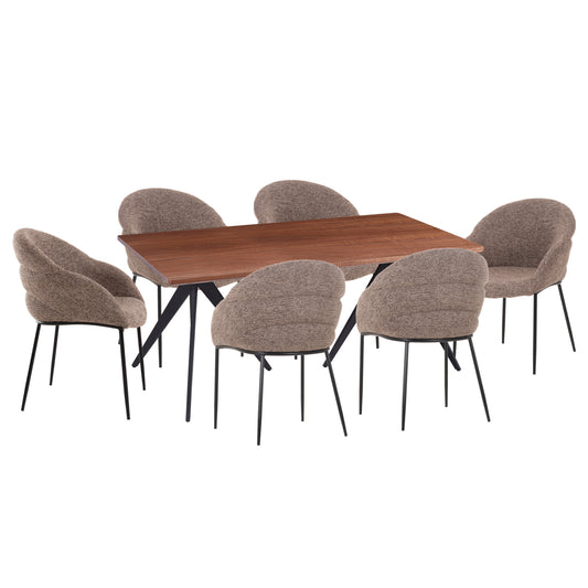 DINING SET 7PCS DRENNY HM10936.03 MDF TOP IN WALNUT--FABRIC IN TAUPE & BLACK METAL LEGS