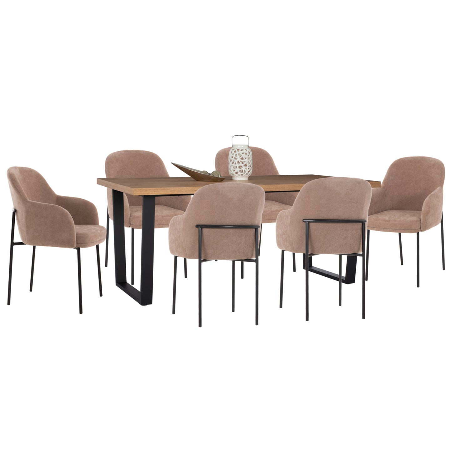 DINING SET 7PCS MANIDO HM10949.03 MDF TOP--FABRIC IN TAUPE & BLACK METAL LEGS