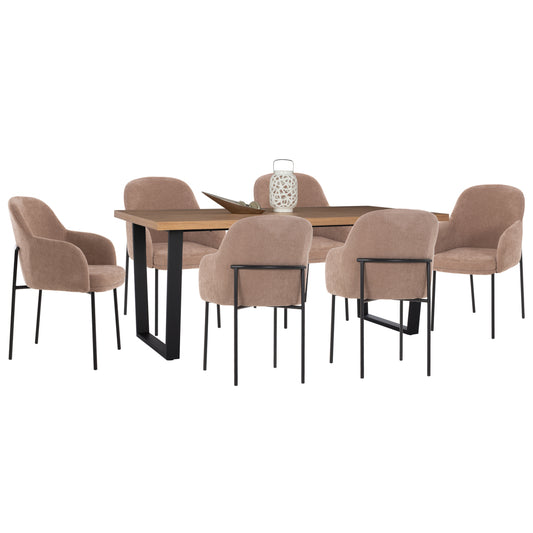 DINING SET 7PCS MANIDO HM10949.03 MDF TOP--FABRIC IN TAUPE & BLACK METAL LEGS