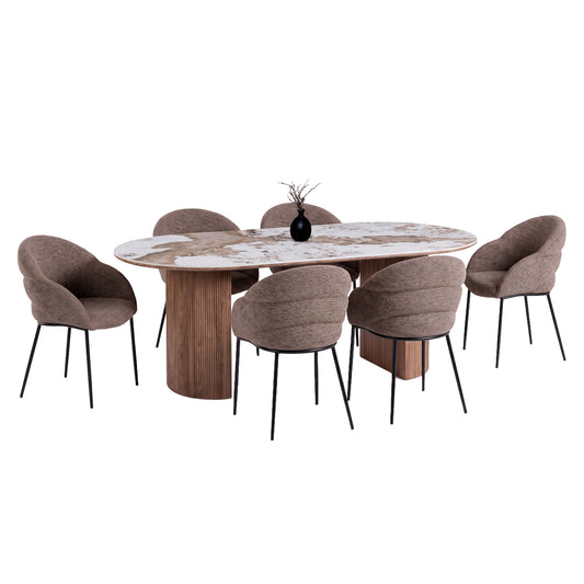 DINING SET 7PCS DRENNY HM11395.03 CERAMIC TOP IN PANDORA COLOR SCHEME--CHAIRS WITH TAUPE COLOR FABRIC
