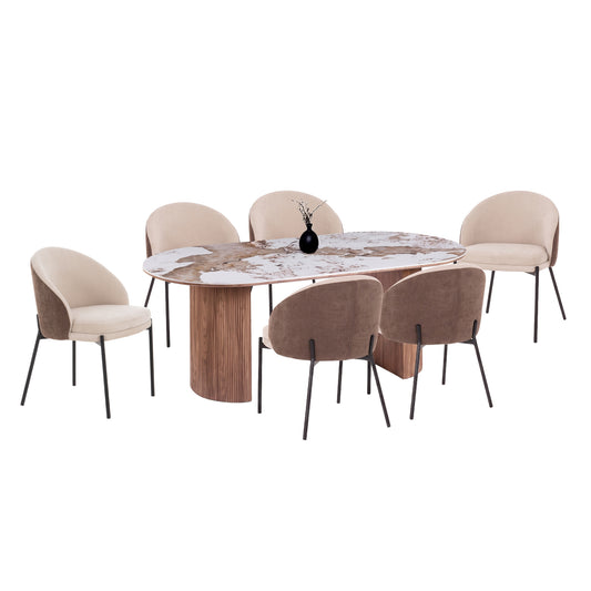 DINING SET 7PCS DETTON HM12100.02 CERAMIC TOP IN PANDORA COLOR SCHEME--BEIGE/BROWN COLOR FABRIC