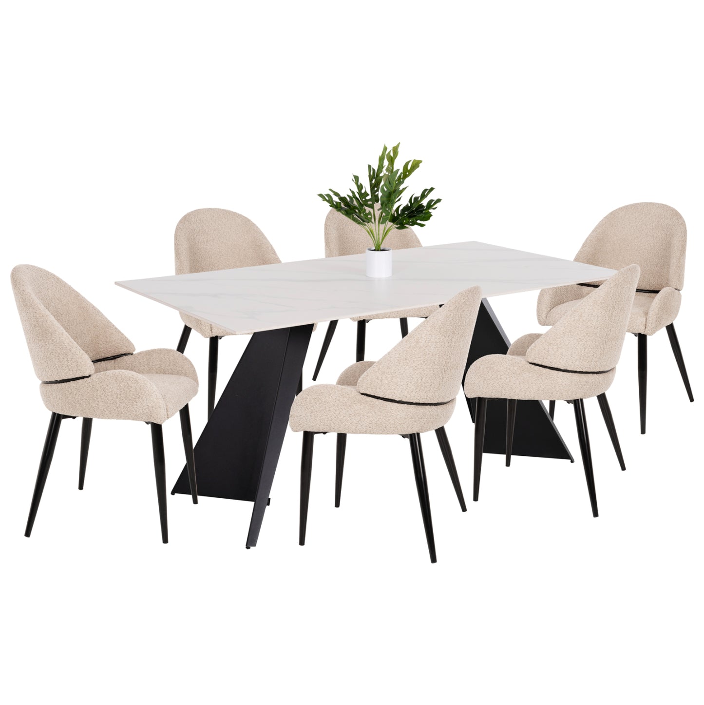 INDOOR DINING SET 7PCS POSE HM21046 TABLE WITH CERAMIC TOP- 6 CHAIRS IN ECRU COLOR