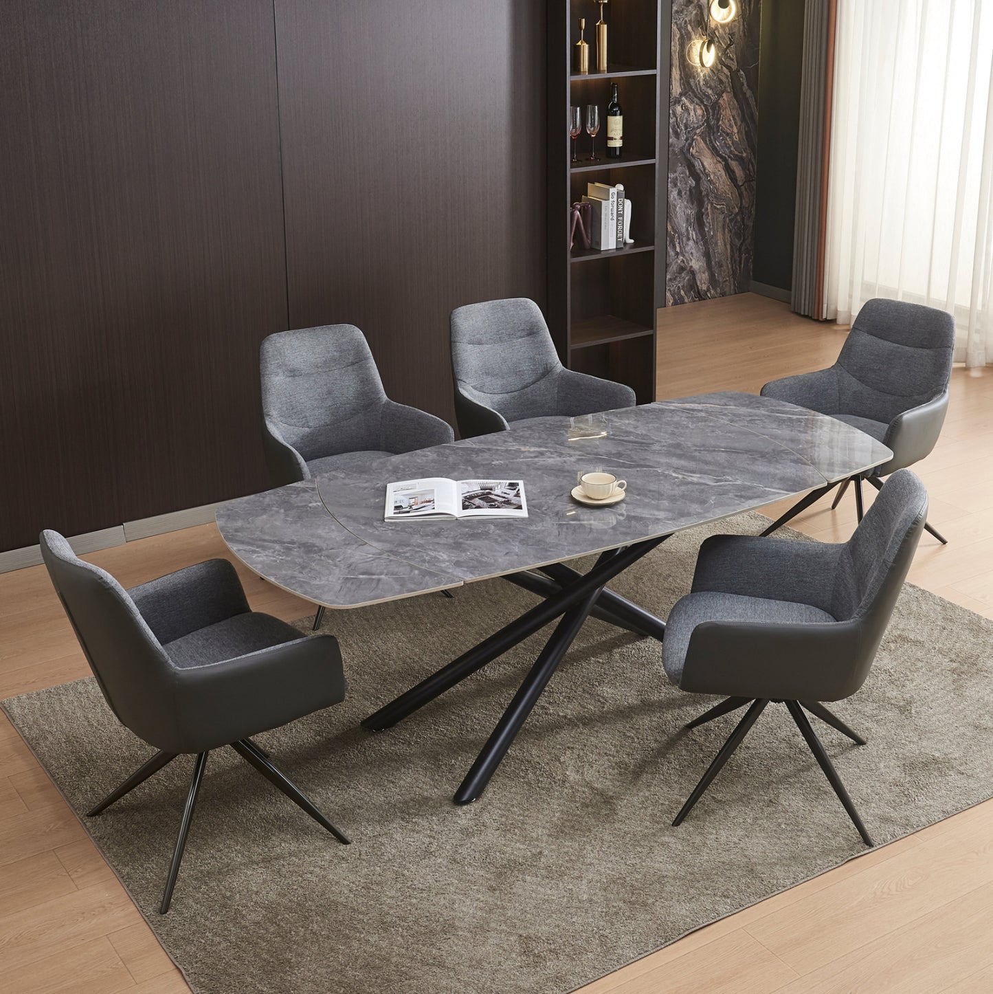 DINING SET 7PCS VANTA HM21356 EXTENDABLE CERAMIC TOP--FABRIC & PU IN GREY