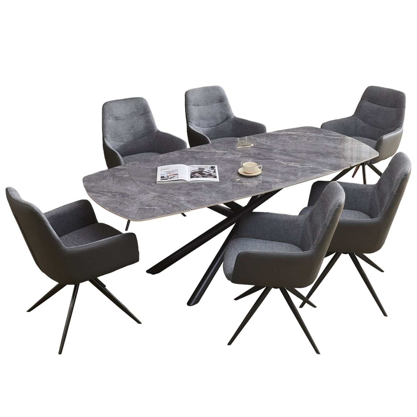 DINING SET 7PCS VANTA HM21356 EXTENDABLE CERAMIC TOP--FABRIC & PU IN GREY
