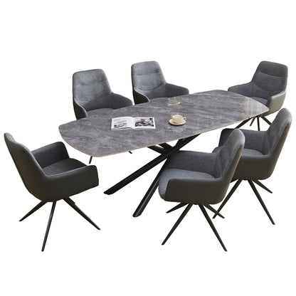 DINING SET 7PCS VANTA HM21356 EXTENDABLE CERAMIC TOP--FABRIC & PU IN GREY