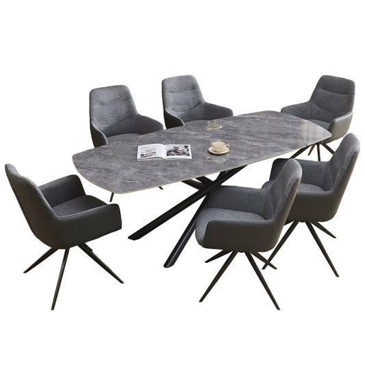 DINING SET 7PCS VANTA HM21356 EXTENDABLE CERAMIC TOP--FABRIC & PU IN GREY
