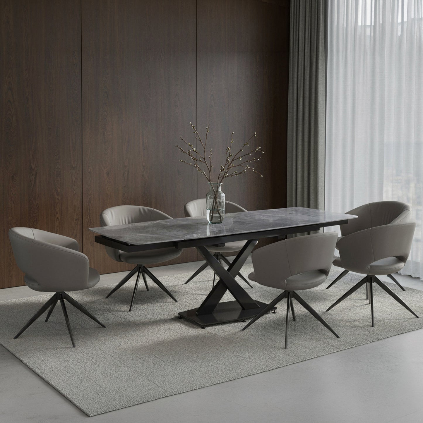 DINING SET 7PCS HOKU HM21357 EXTENDABLE GREY CERAMIC TOP--PU IN GREY