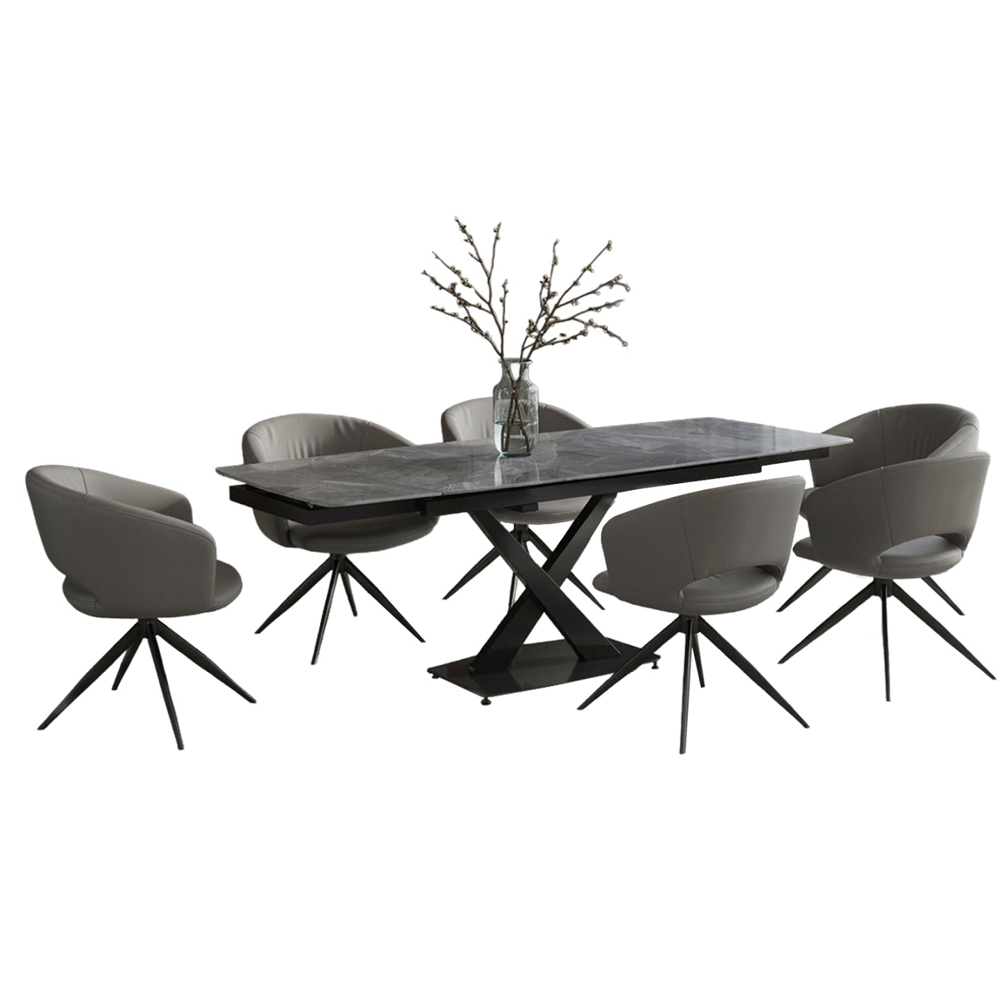 DINING SET 7PCS HOKU HM21357 EXTENDABLE GREY CERAMIC TOP--PU IN GREY