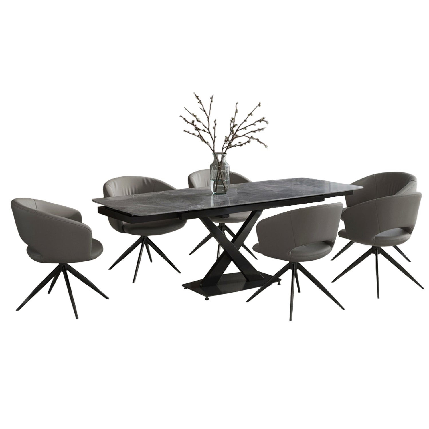 DINING SET 7PCS HOKU HM21357 EXTENDABLE GREY CERAMIC TOP--PU IN GREY