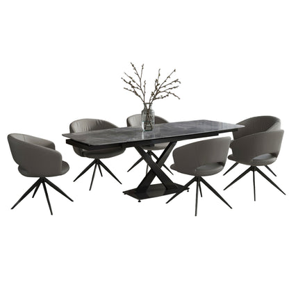 DINING SET 7PCS HOKU HM21357 EXTENDABLE GREY CERAMIC TOP--PU IN GREY