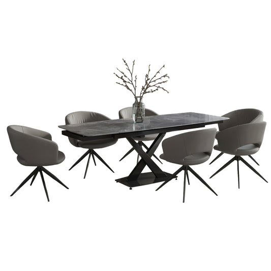 DINING SET 7PCS HOKU HM21357 EXTENDABLE GREY CERAMIC TOP--PU IN GREY