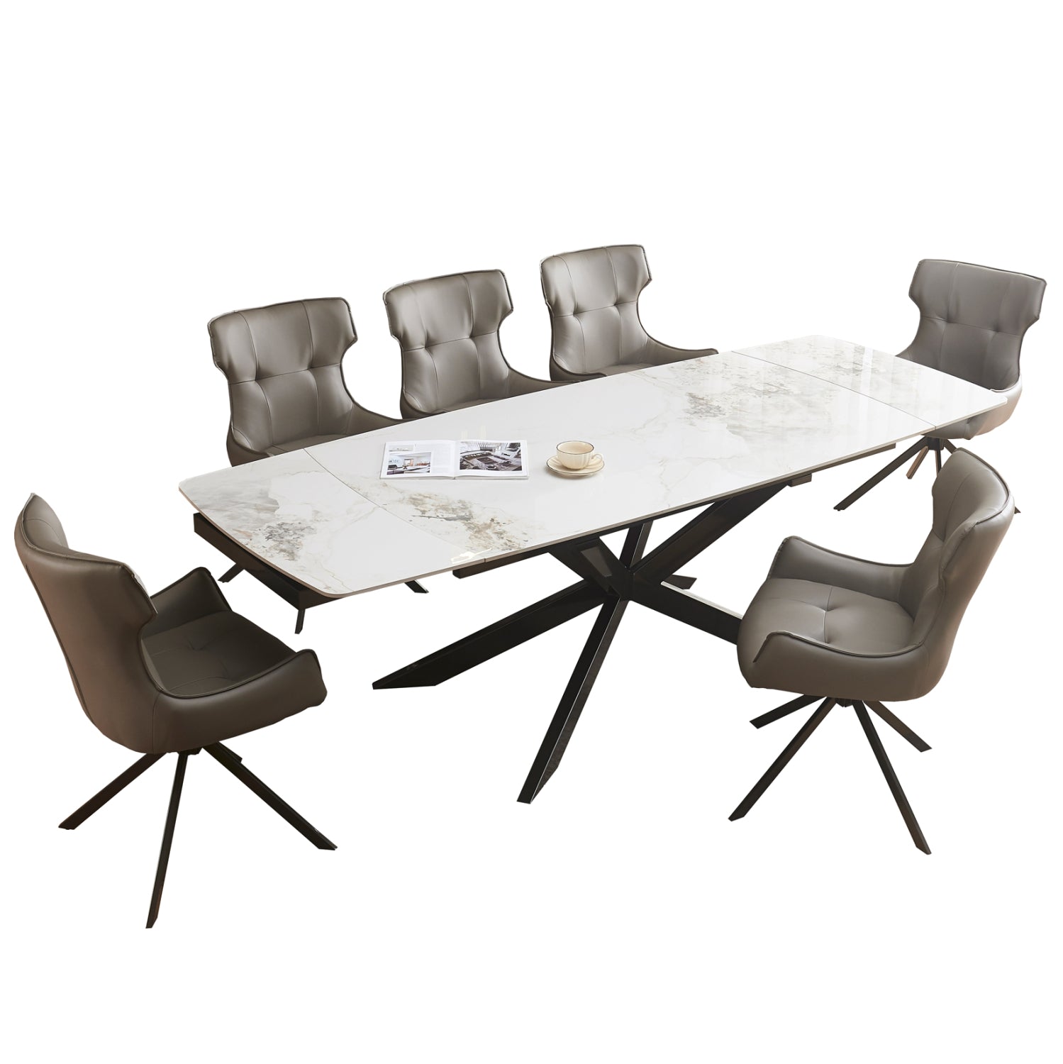 DINING SET 7PCS AIRA HM21358 EXTENDABLE CERAMIC TOP--PU IN GREY
