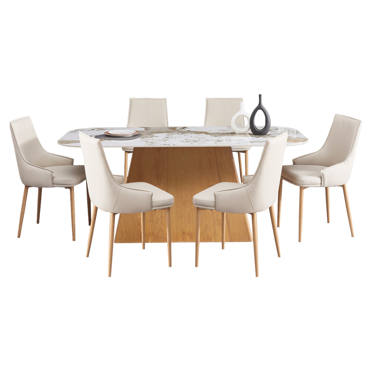 DINING SET 7PCS NORDU HM21359 CERAMIC TOP/MDF LEGS--PU IN CREAM/METAL LEGS