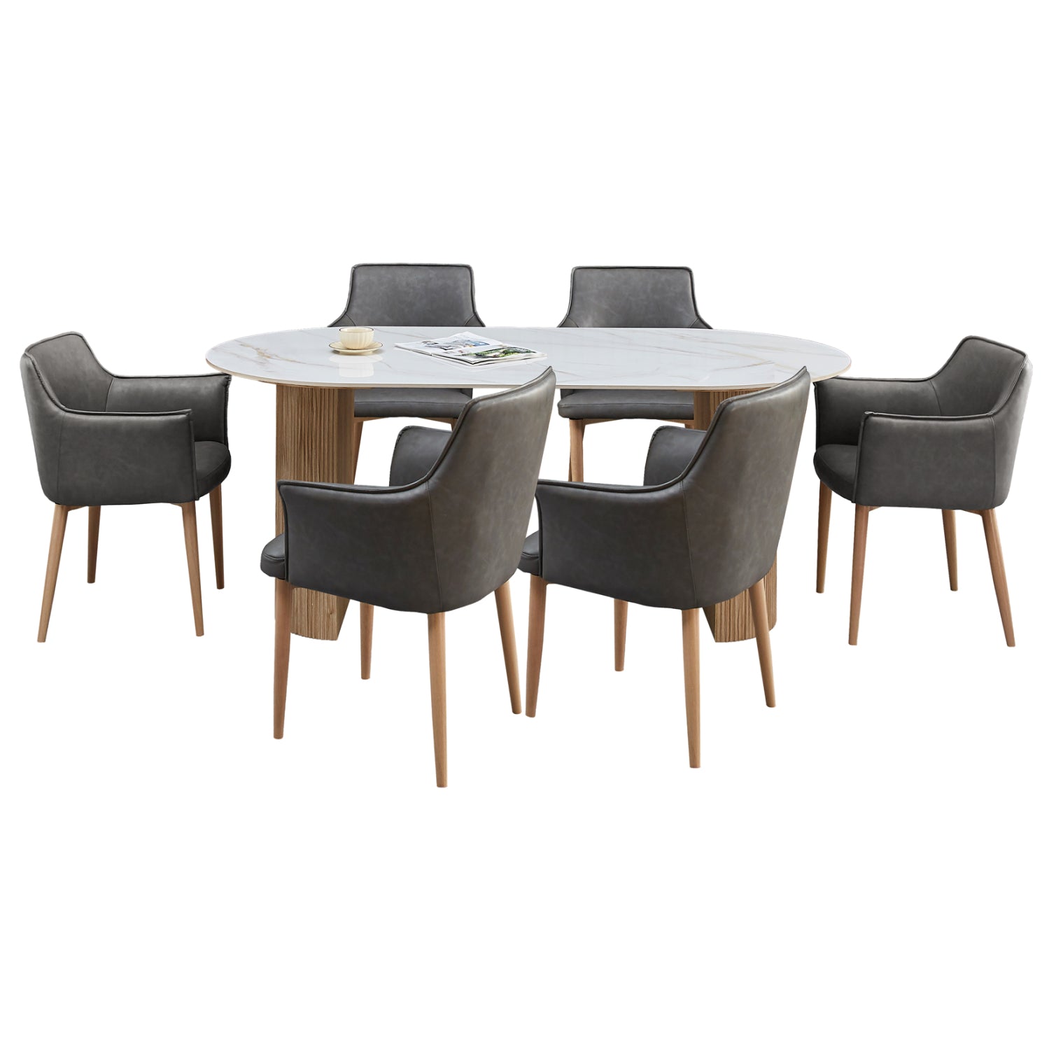 DINING SET 7PCS MELLOW HM21360 CERAMIC TOP/MDF LEGS--PU IN GREY/METAL LEGS