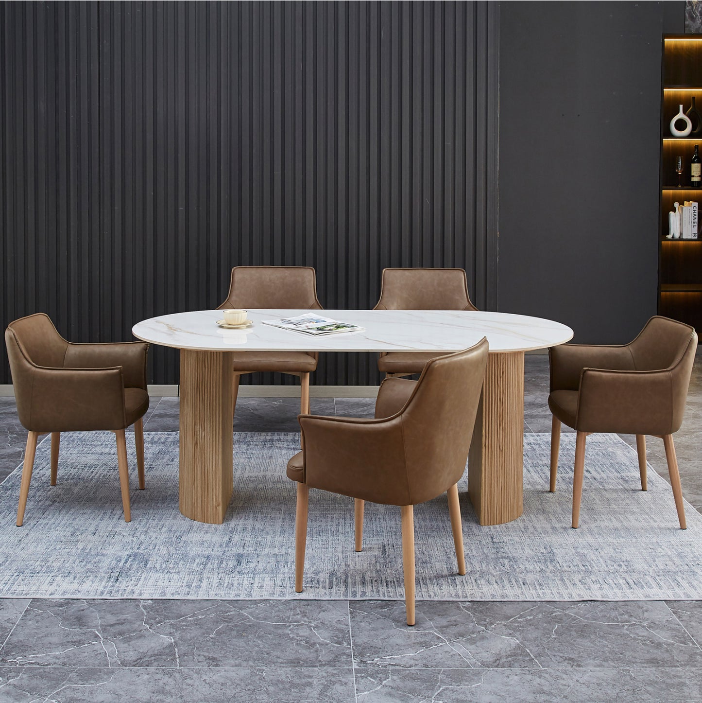 DINING SET 7PCS MELLOW HM21361 CERAMIC TOP/MDF LEGS--PU IN BROWN/METAL LEGS