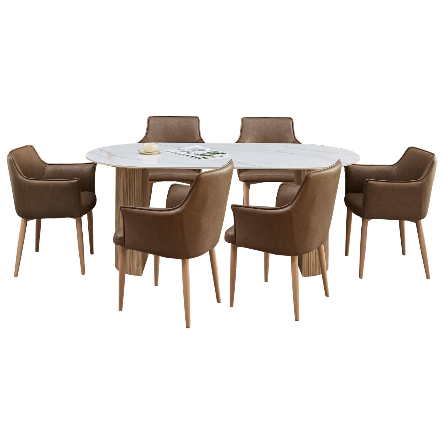 DINING SET 7PCS MELLOW HM21361 CERAMIC TOP/MDF LEGS--PU IN BROWN/METAL LEGS