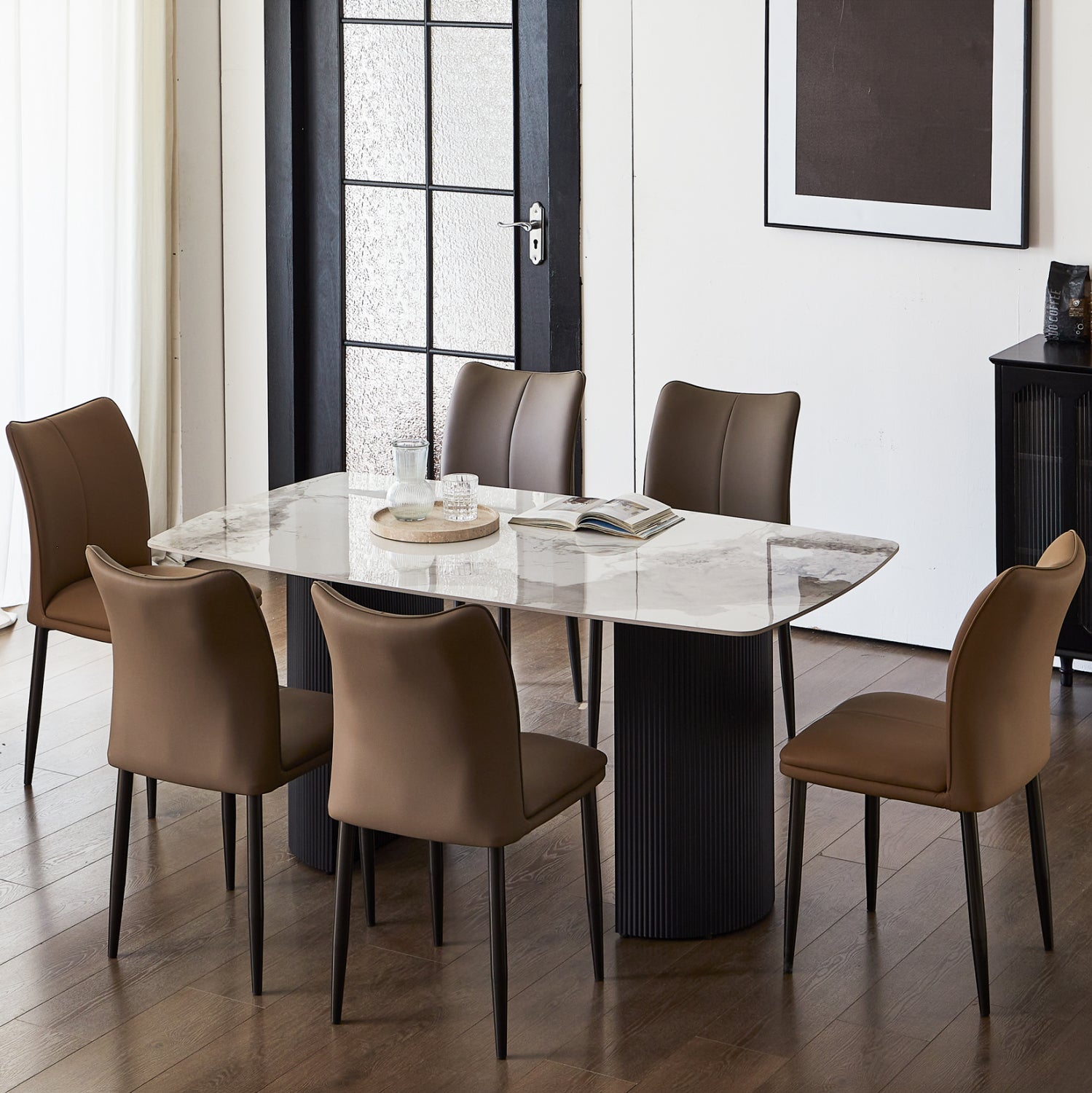 DINING SET 7PCS MINAO HM21362 CERAMIC TOP/MDF LEGS--PU IN COFFEE BROWN/METAL LEGS