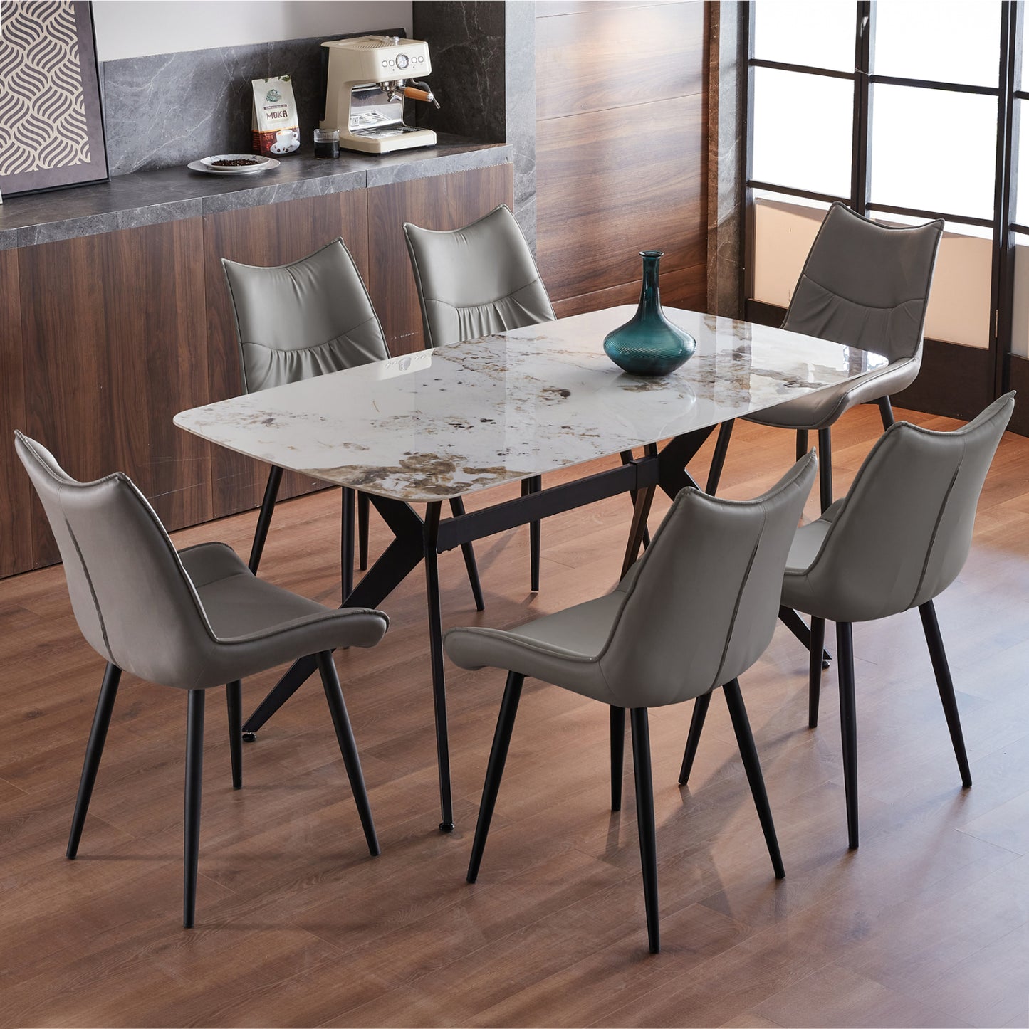 DINING SET 7PCS AIKA HM21364 CERAMIC TOP/METAL LEGS--PU IN GREY/METAL LEGS