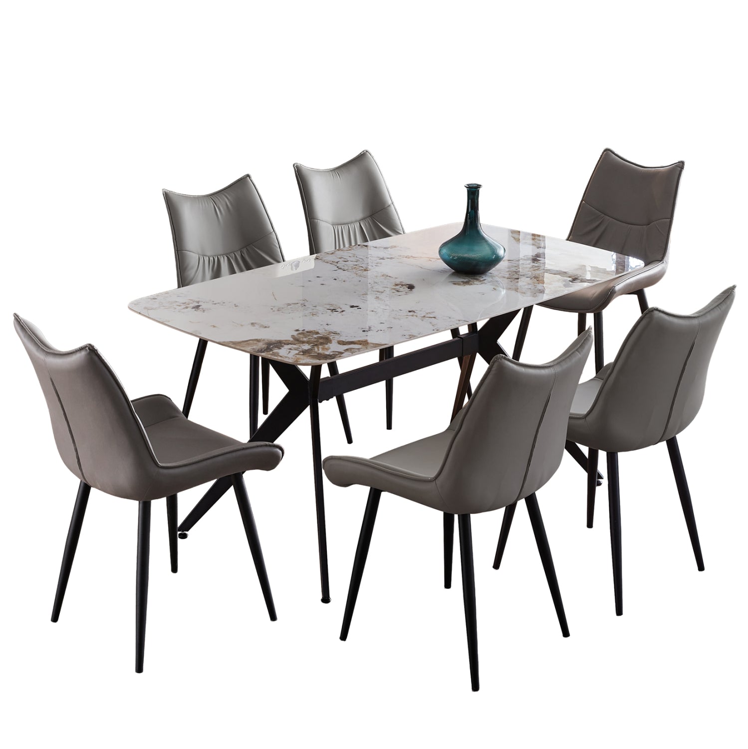DINING SET 7PCS AIKA HM21364 CERAMIC TOP/METAL LEGS--PU IN GREY/METAL LEGS