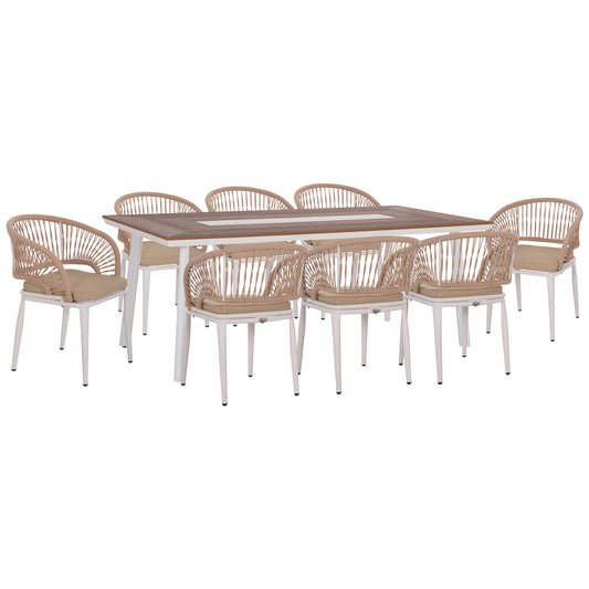 OUTDOOR DINING SET 9PCS MAGNET HM10828.02 ALUMINUM IN WHITE--POLYWOOD--P.E.ROPE
