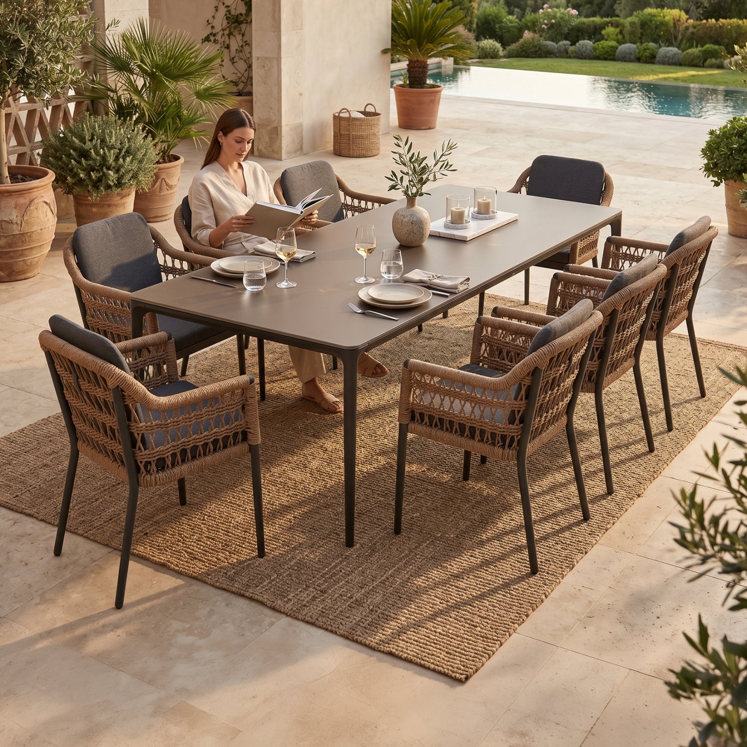 OUTDOOR DINING SET 9PCS STAD HM10865.01 GREY ALUMINUM-SINTERED STONE TOP-OLEFIN FABRIC