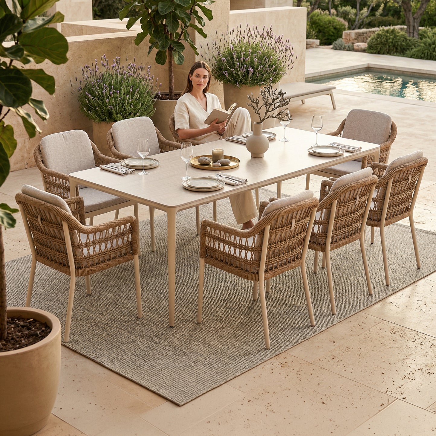 OUTDOOR DINING SET 9PCS STAD HM10865.02 BEIGE ALUMINUM & OLEFIN-WHITE SINTERED STONE TOP