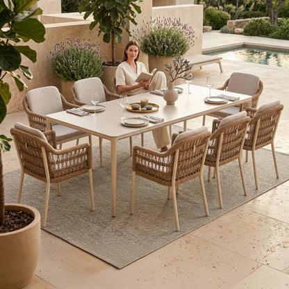 OUTDOOR DINING SET 9PCS STAD HM10865.02 BEIGE ALUMINUM & OLEFIN-WHITE SINTERED STONE TOP
