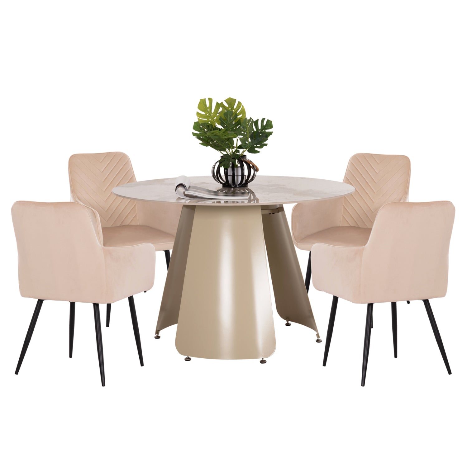 DINING SET 5PCS SEDAR HM10868 ROUND DINING TABLE & 4 DINING CHAIRS- ECRU