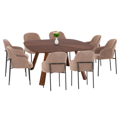 DINING SET 9PCS RINER HM10959.03 MDF IN WALNUT VENEER--TAUPE FABRIC