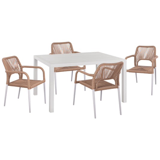 OUTDOOR DINING SET 5PCS SAHIRA HM10948.01 ALUMINUM IN WHITE--P.E.ROPE IN BEIGE