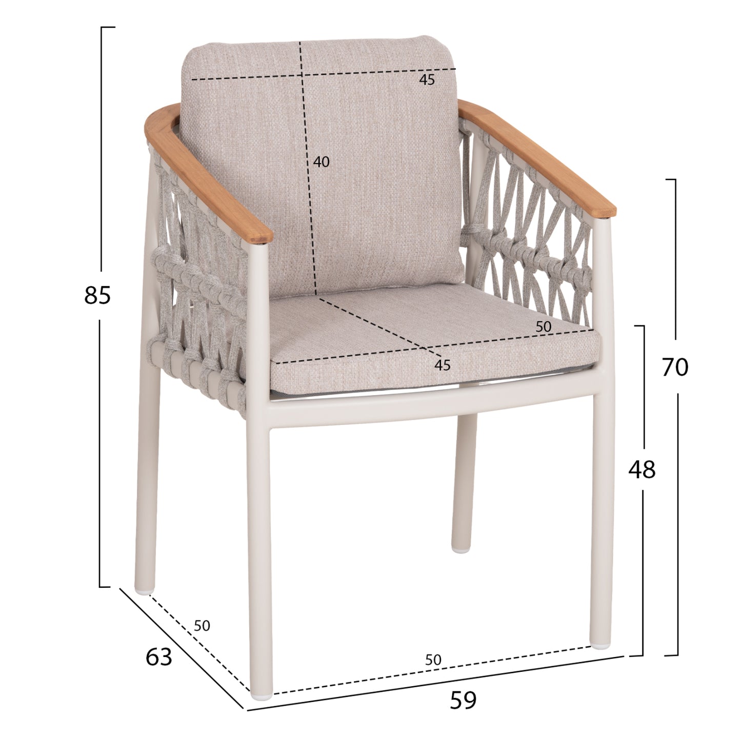 OUTDOOR DINING SET 5PCS STREAM HM11004.02 CREAM WHITE ALUM.--ROPE-OLEFIN CUSHIONS BEIGE