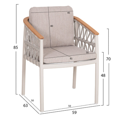 OUTDOOR DINING SET 5PCS STREAM HM11004.02 CREAM WHITE ALUM.--ROPE-OLEFIN CUSHIONS BEIGE